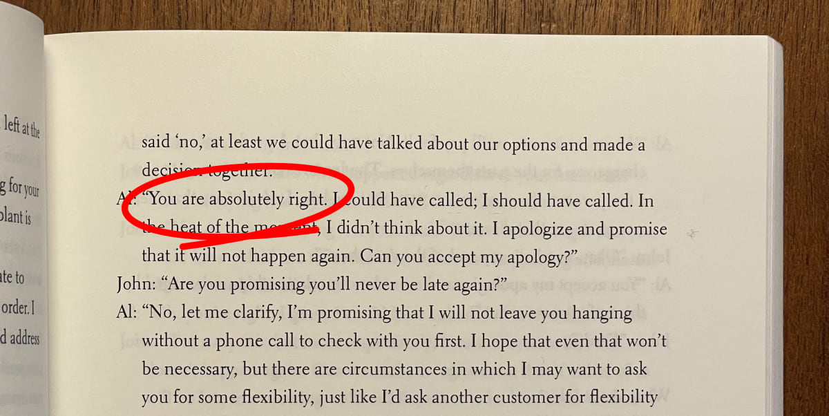 Page 57 of Conscious Business by Fred Kofman, with the phrase "You are absolutely right." highlighted.
