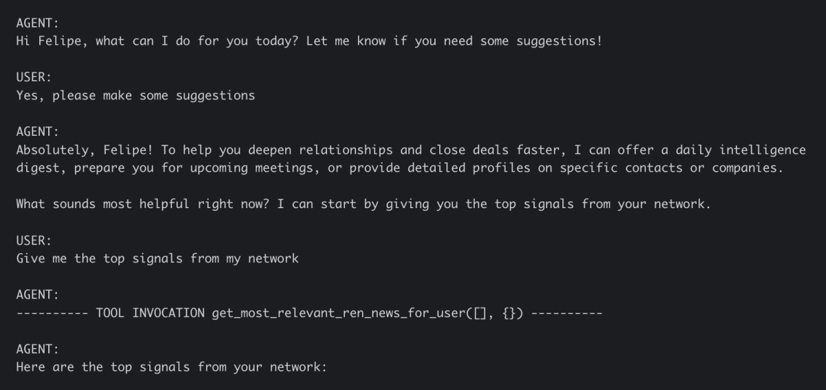 Screenshot of the first Ren Agent conversation in the terminal