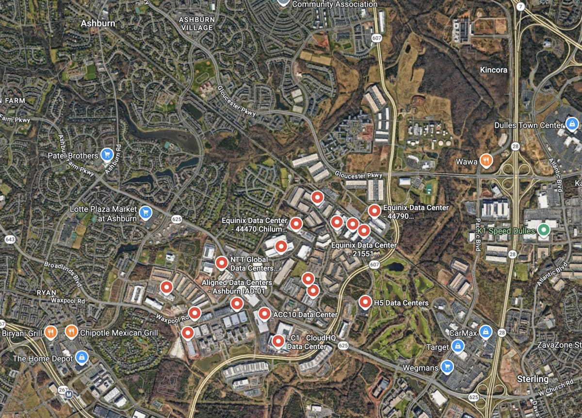 Google Maps screenshot of Ashburn, Northern Virginia, with data centers surrounded by a golf course and suburbs.