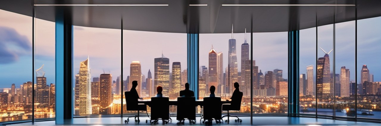 Private equity boardroom executives discussing placement agent strategies in modern glass office with financial district skyline