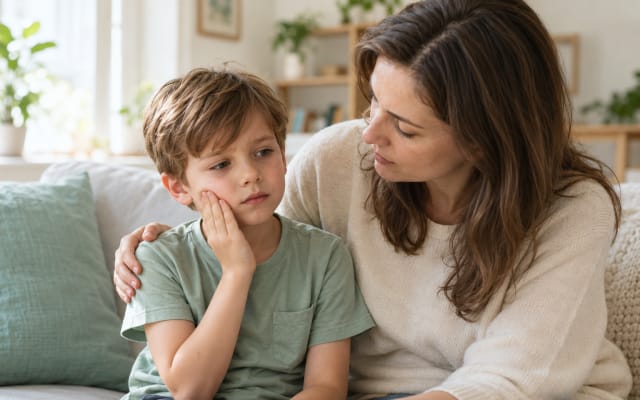A child with a toothache holding their cheek while their mother comforts them.