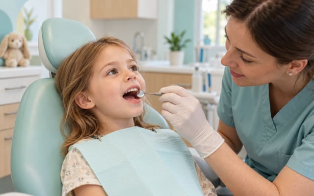 A pediatric dentist examining a girl’s teeth with a dental mirror.