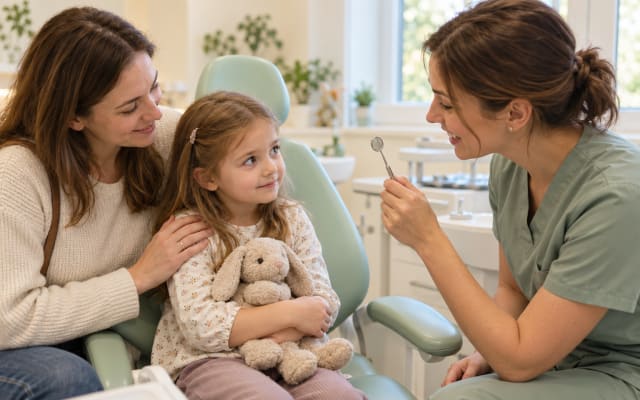 A girl holding a toy sits beside her mother while a dentist shows her a dental mirror before the examination.