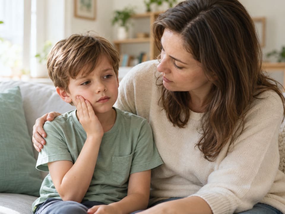 A child with a toothache holding their cheek while their mother comforts them.