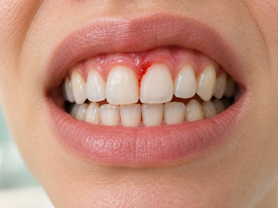 Close-up of reddened gums with slight bleeding between the upper front teeth.