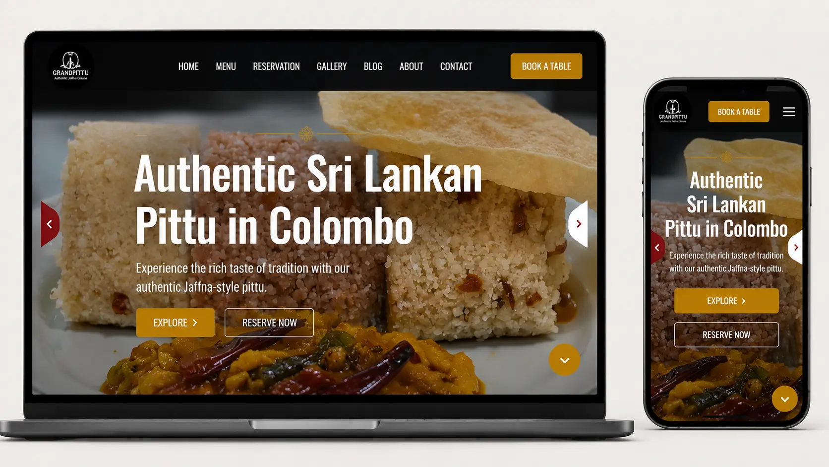 Grand Pittu restaurant website homepage displayed on laptop and mobile with authentic Sri Lankan pittu and online reservation buttons