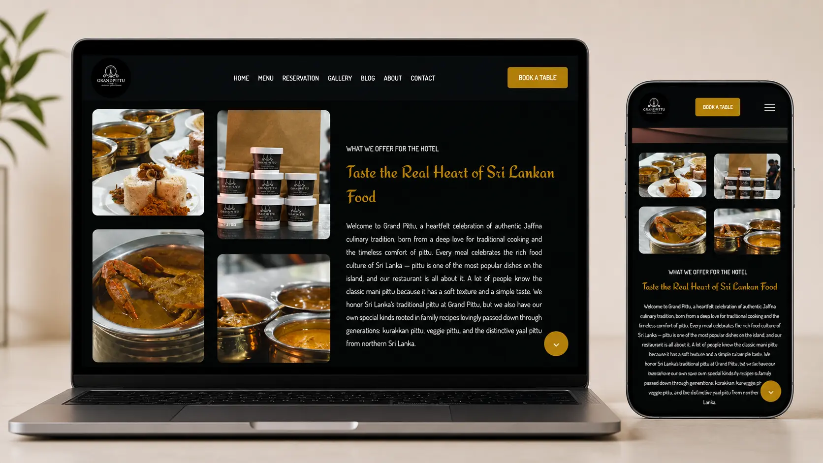 Grand Pittu online table booking page displayed on desktop and mobile with reservation form, date and time selection