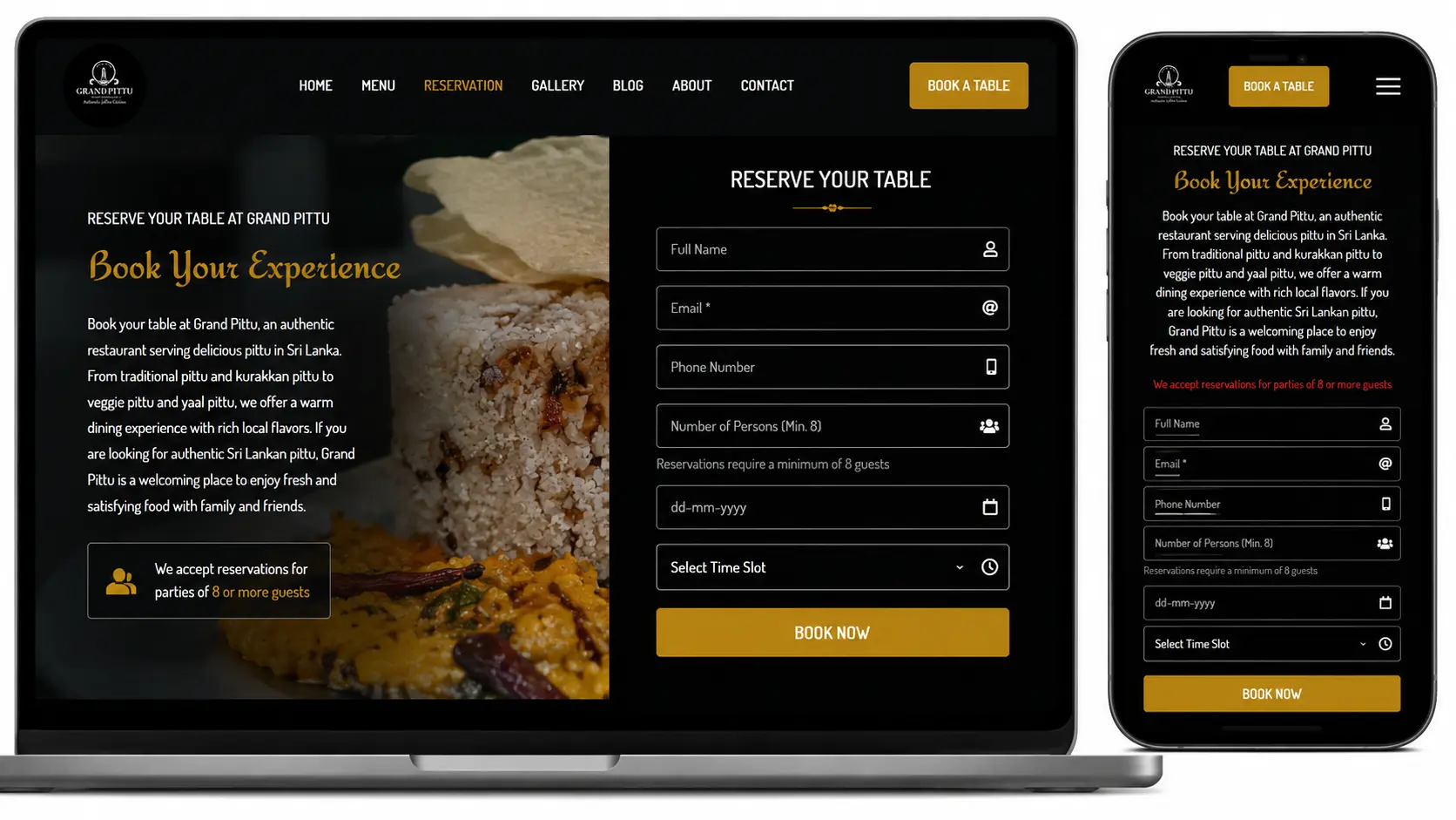 Grand Pittu mobile responsive restaurant website showing homepage, about section, pittu menu and table booking call to action