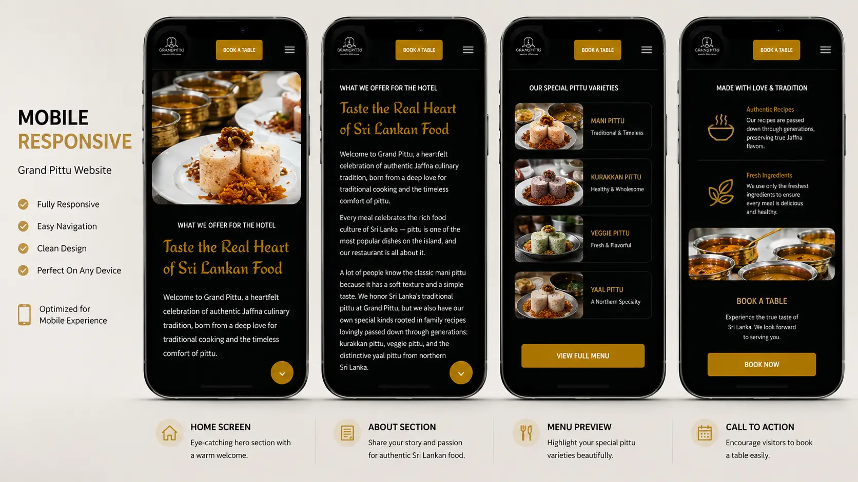Responsive Grand Pittu restaurant website on laptop and smartphone featuring Sri Lankan food images and restaurant information