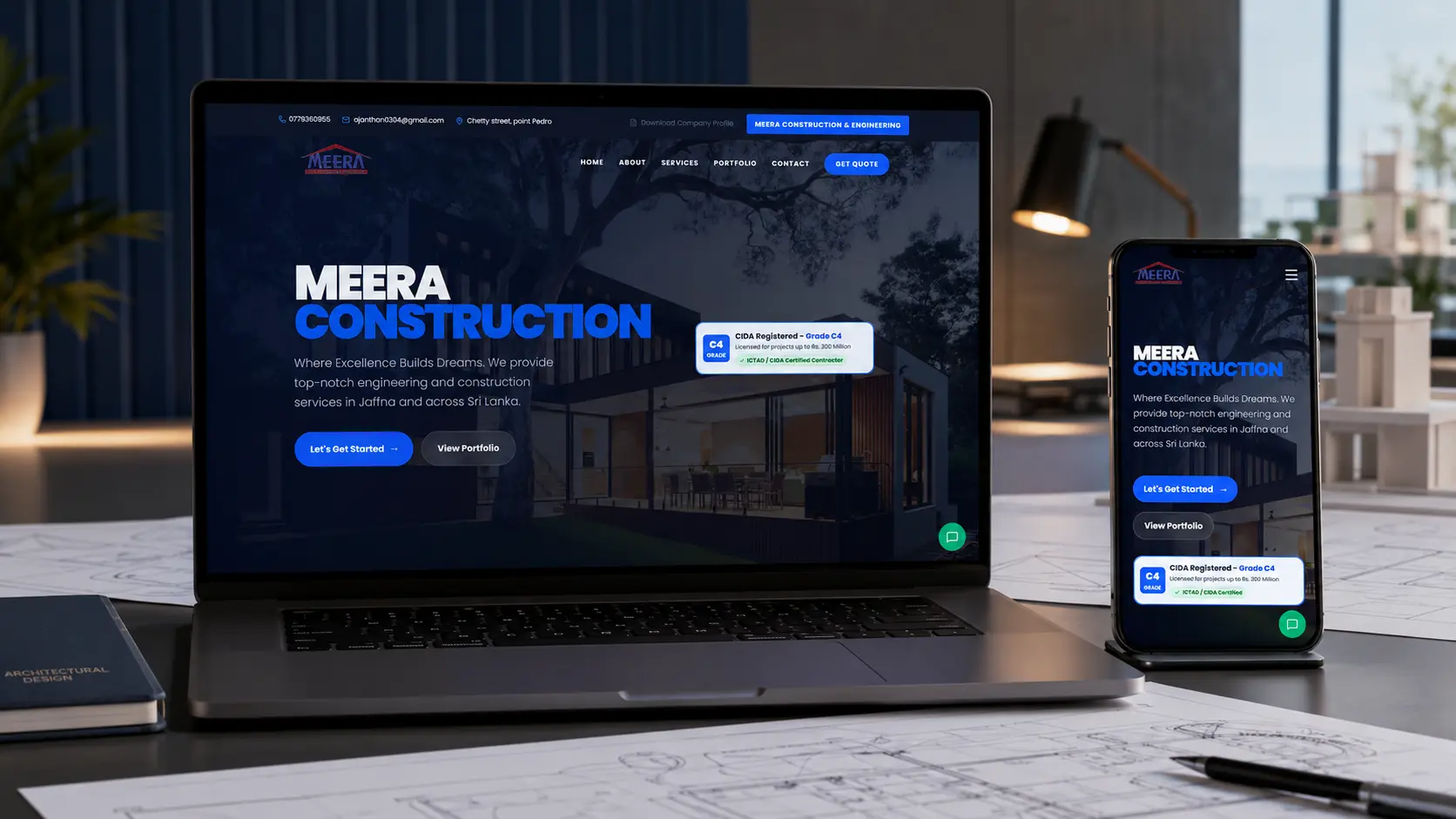 Responsive website mockup for Meera Construction & Engineering displayed on a laptop and mobile phone, showcasing its construction services, project portfolio, CIDA Grade C4 certification, and quotation options.
