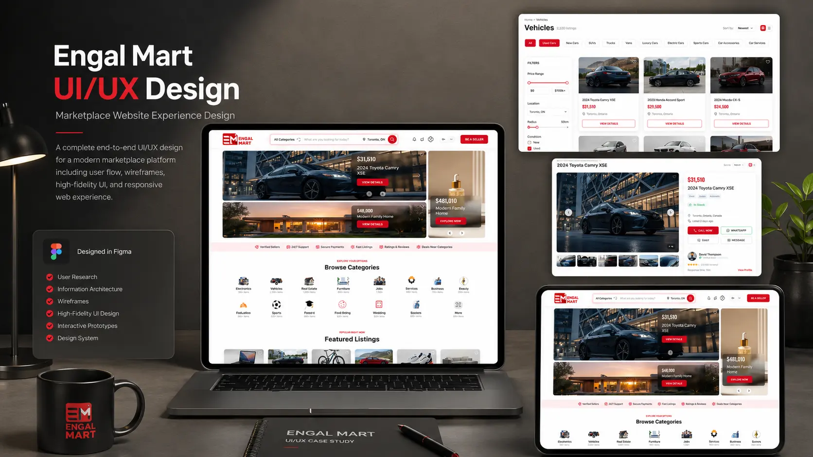 Engal Mart marketplace UI/UX design displayed across laptop and tablet screens, featuring the homepage, product categories, vehicle listings, filters, and product detail pages.
