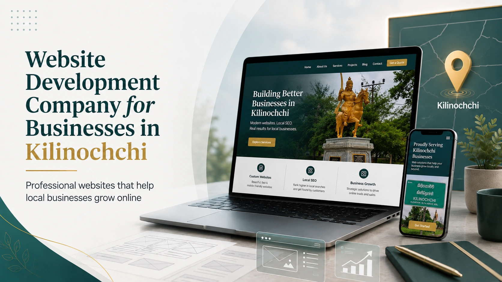 Responsive website development displayed on a laptop and mobile phone for businesses in Kilinochchi, featuring local landmarks and SEO services.