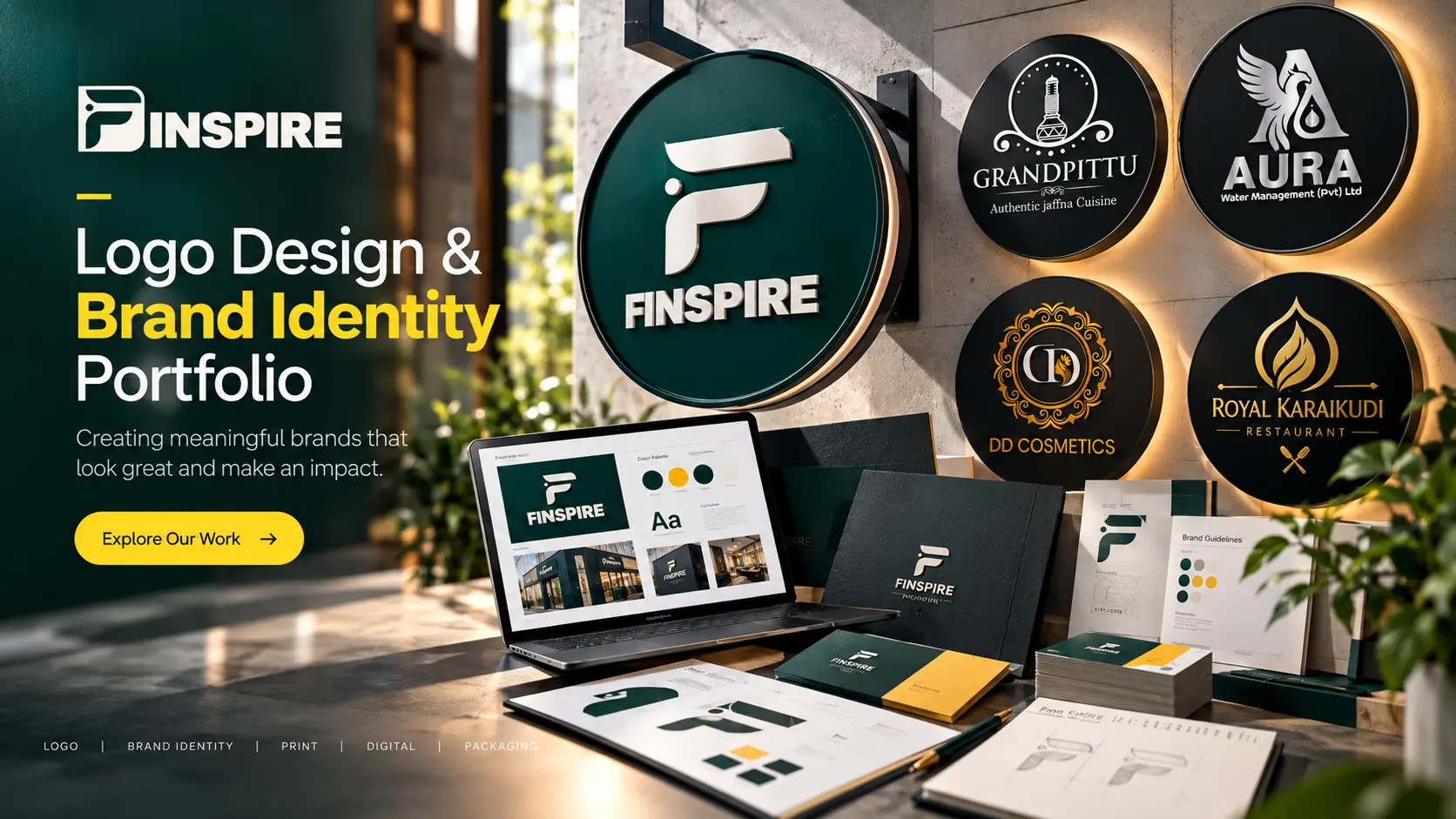 Finspire logo design portfolio showcasing branding and signage concepts for Grand Pittu, Aura Water Management, TJ Visa Gateway, Engal Mart, VM Boutique, DD Cosmetics, Ambal Herbal Beauty, Keerthana Indian Sweets, Vanni Star, and J.K.S Aluminium and Gipsum.