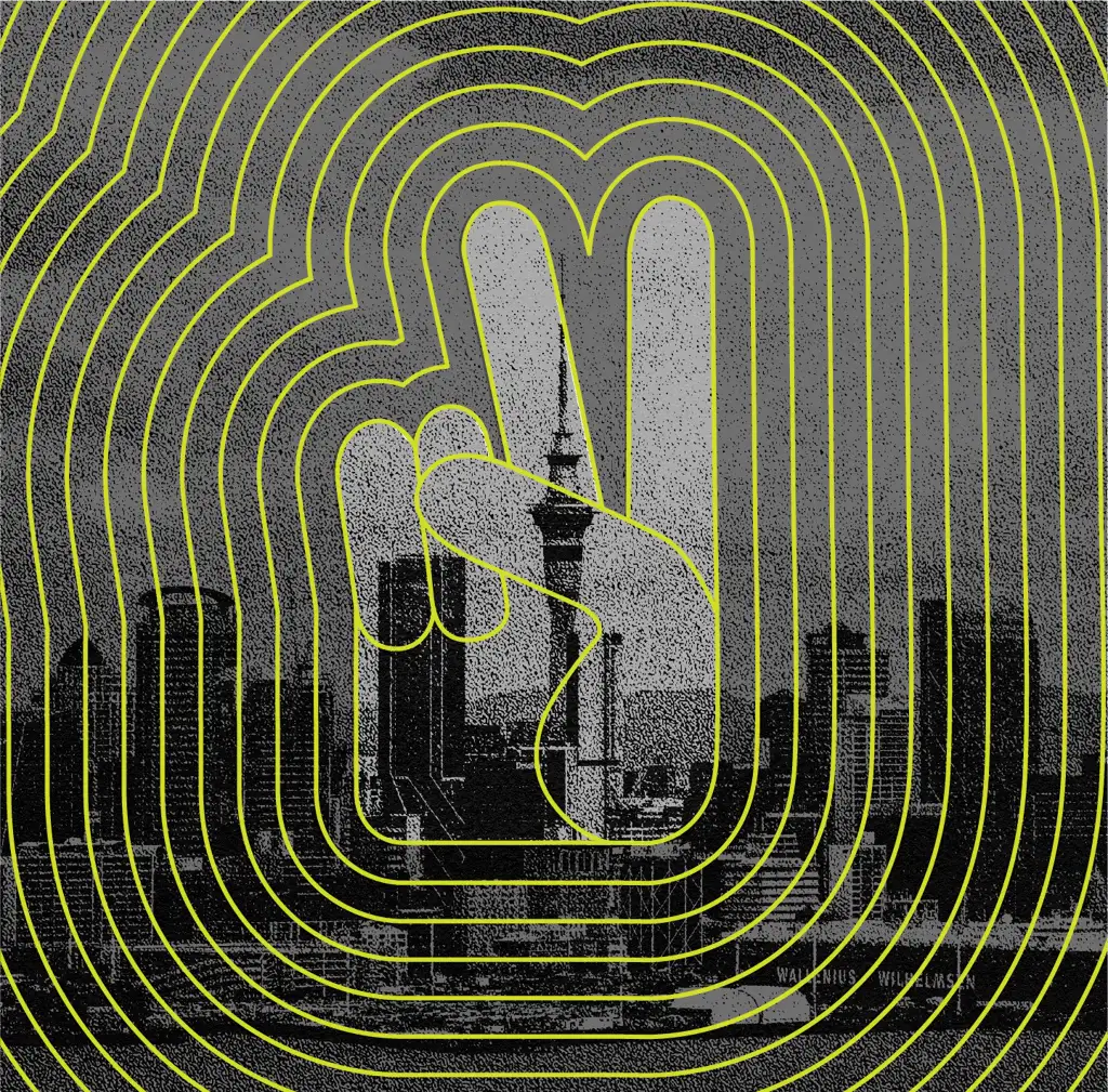 Auckland Sky Tower in grayscale with yellow wave graphics representing New Zealand's tech innovation