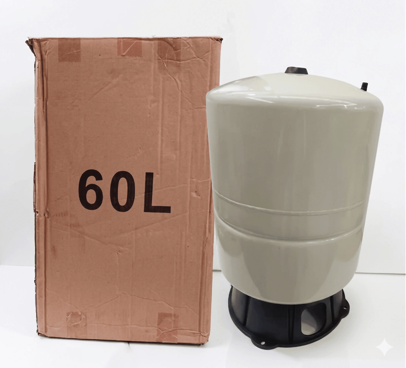 Detailed product nameplate on the AquaTech 60L Pressure Booster Tank displaying technical specifications and pressure ratings for installers.