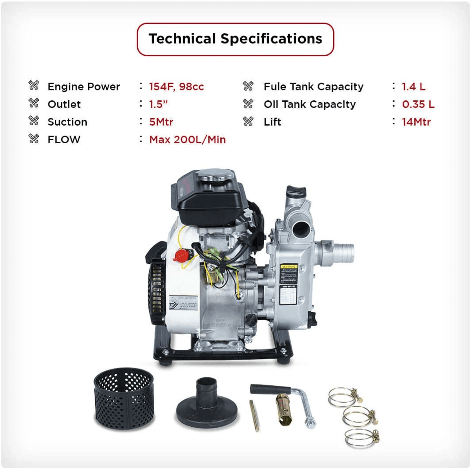 Technical specifications display for the 2.5 HP petrol water pump including flow rate, suction head, and included accessories from Hirani Marketing Combines.