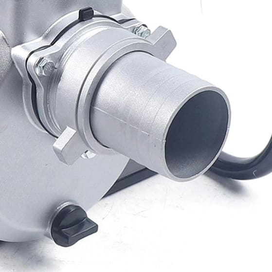 Close-up of the 3-inch water pump inlet and outlet connection points on the unit stocked by Hirani Marketing Combines.