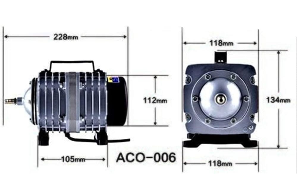 Technical diagram of the ACO-006 air pump showing precise dimensions in millimeters for installation planning at Hirani Marketing Combines.