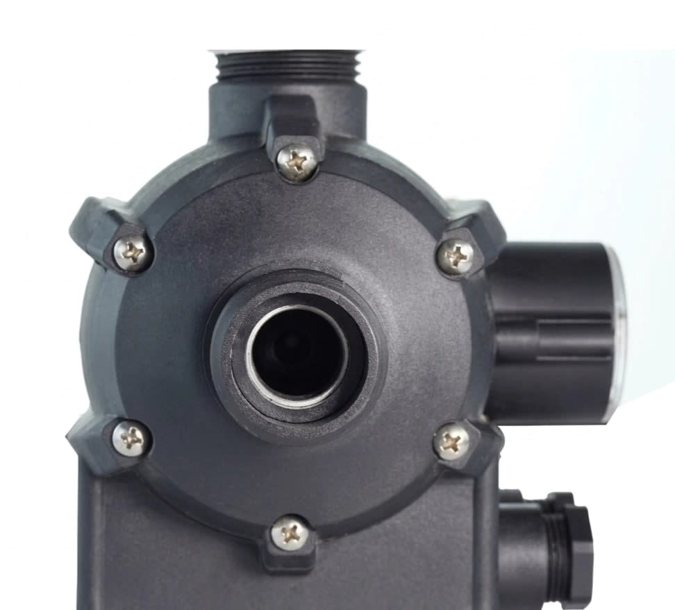 Close-up of the threaded inlet port on the LS-3 pump controller, showcasing the robust build quality provided by Hirani Marketing Combines.