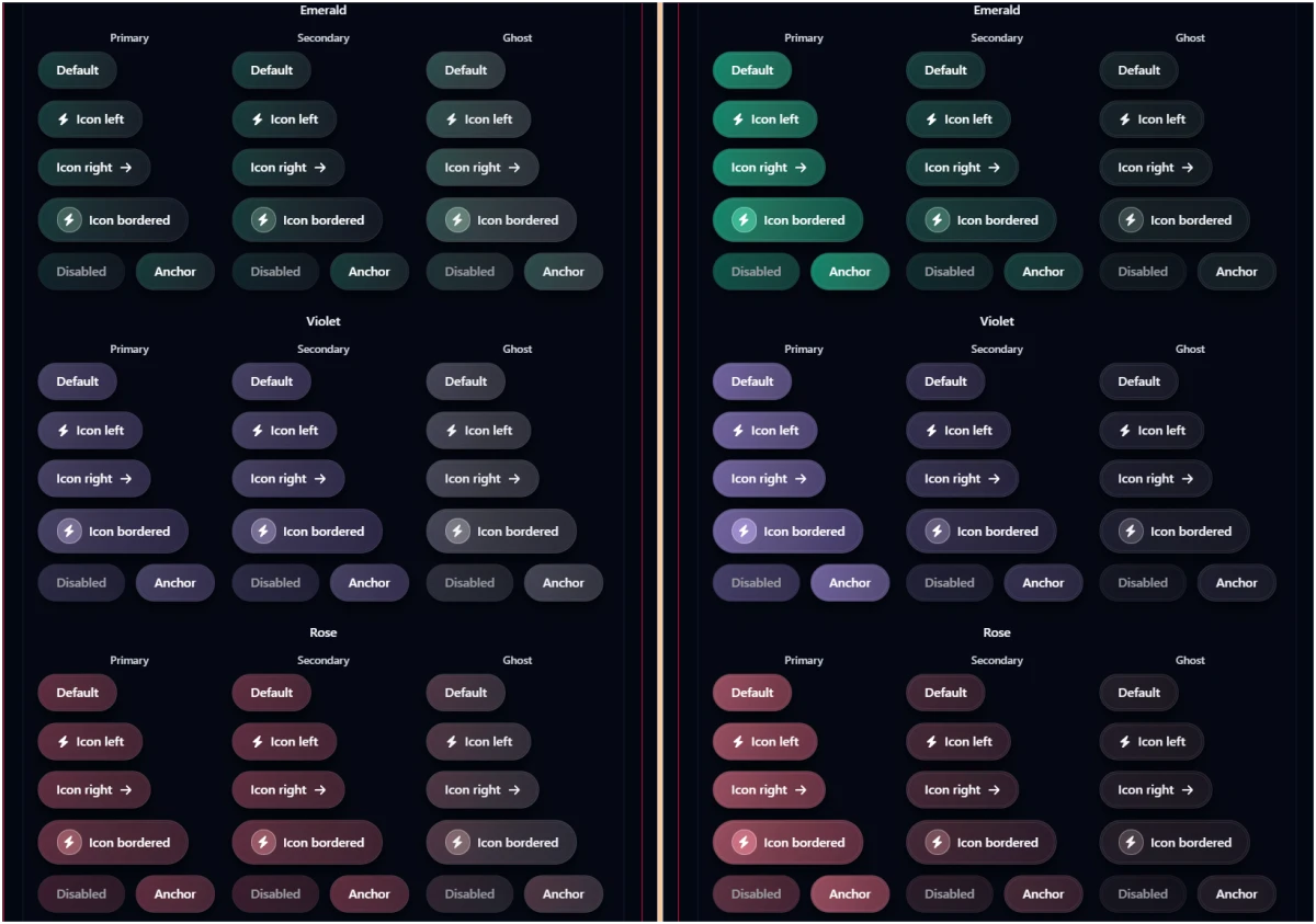 Example of old and new Button variants on the site dark mode