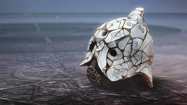 The 'Precious Scars' exotic Titan helmet from Destiny 2, a cracked white helmet mended with gold seams in a Kintsugi-inspired design.