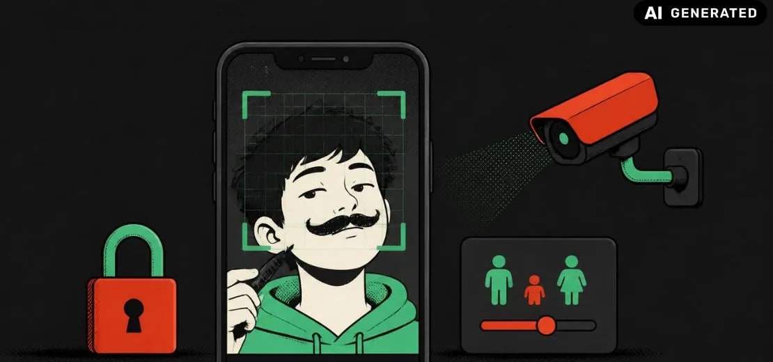 Illustrazione: un ragazzo con dei baffi disegnati dentro il riquadro del riconoscimento facciale di uno smartphone, circondato da un lucchetto, una telecamera di sorveglianza e un pannello di parental control