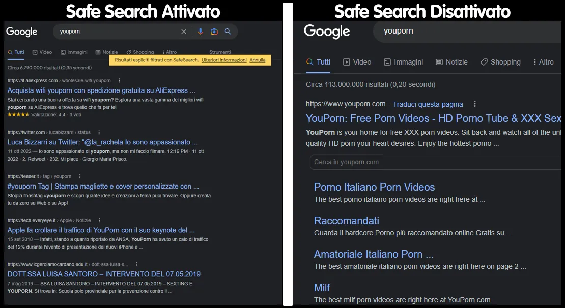 Safe Search Attivata e Disattivata