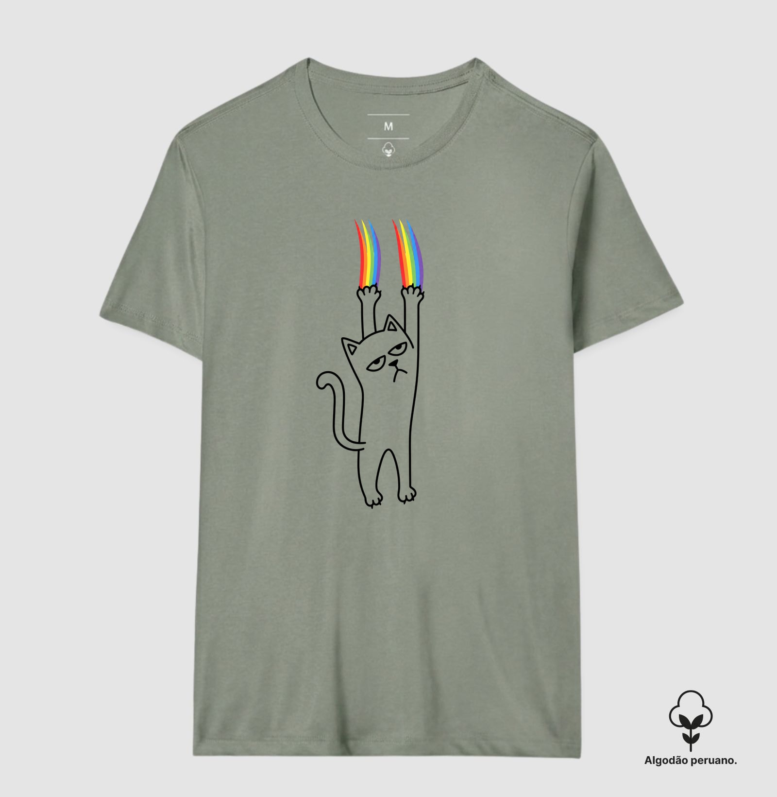 Rainbow Cat — LGBT, Orgulho Gay, Gato Queer, Humor | Ô Bicha! — Camiseta Algodão Peruano