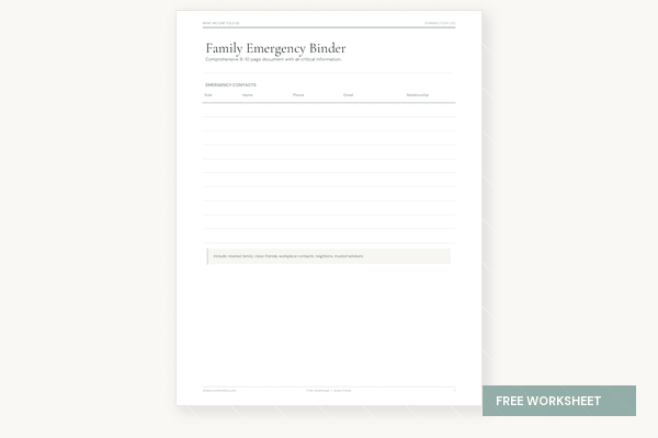 Emergency Binder worksheet preview with FREE WORKSHEET badge