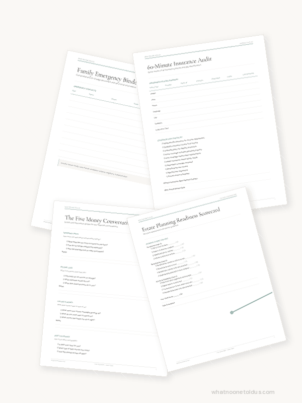 Collection of What No One Told Us printable worksheets fanned out on a table