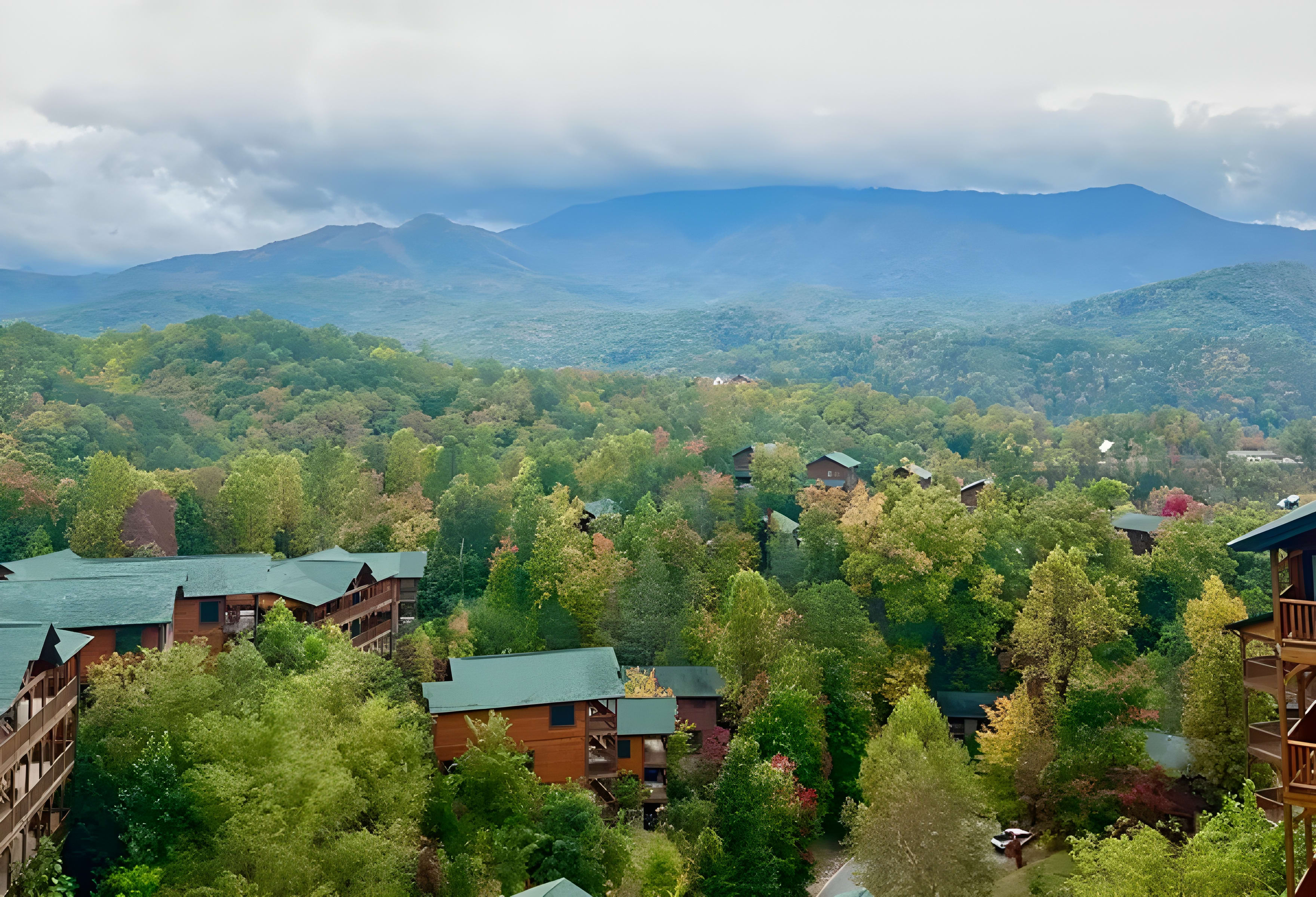 Mountain cabins at dusk