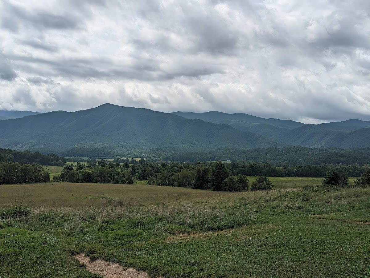 A scenic view of the Cades Cove Loop Road on a sunny day, with lush green fields and mountains in the background.