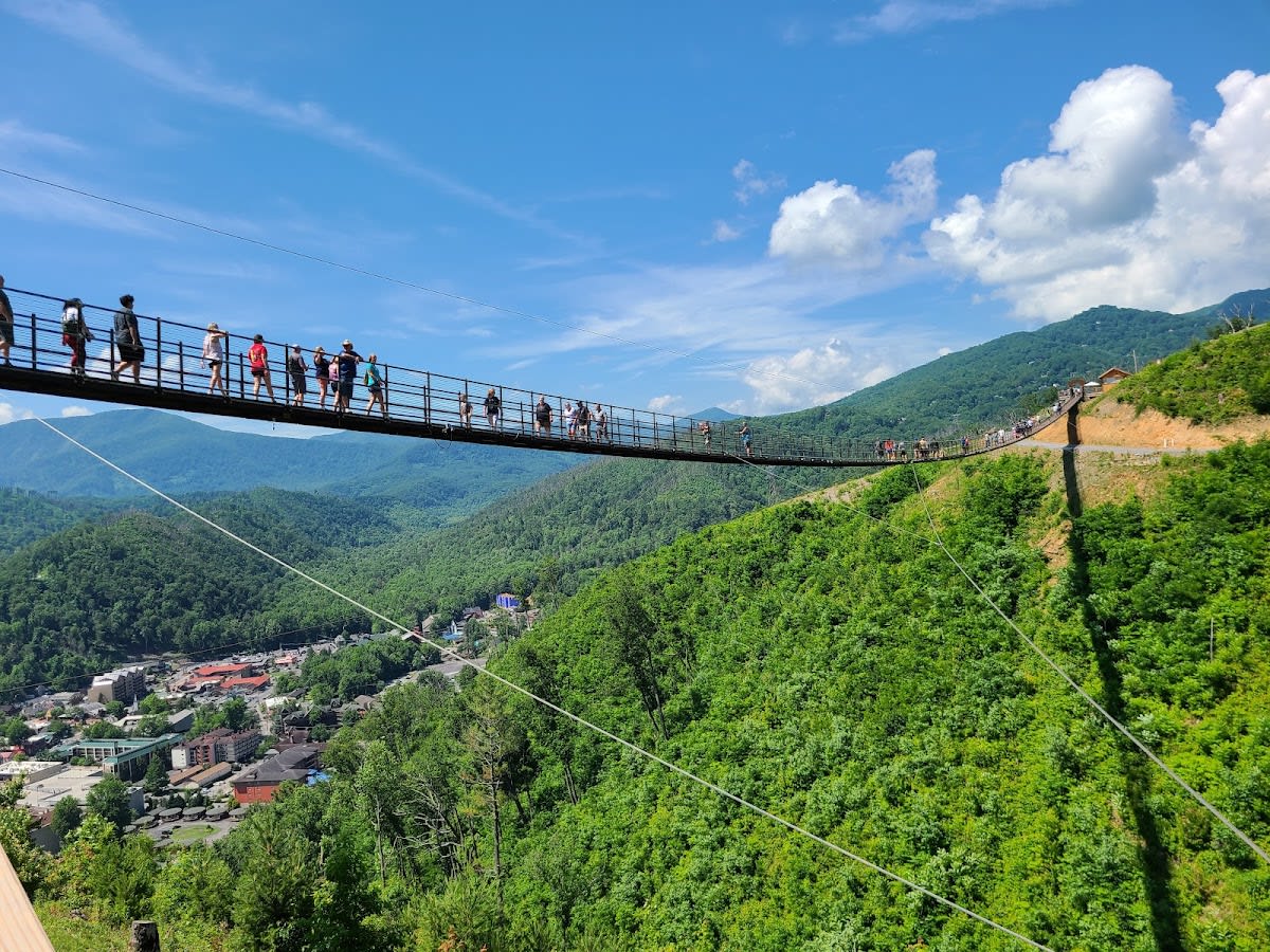 A stunning view of the Gatlinburg SkyBridge stretching across a valley in the Smoky Mountains.