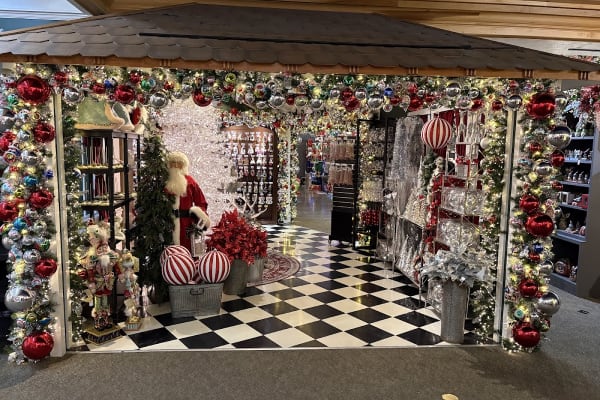 Christmas ornament shop with festive decorations