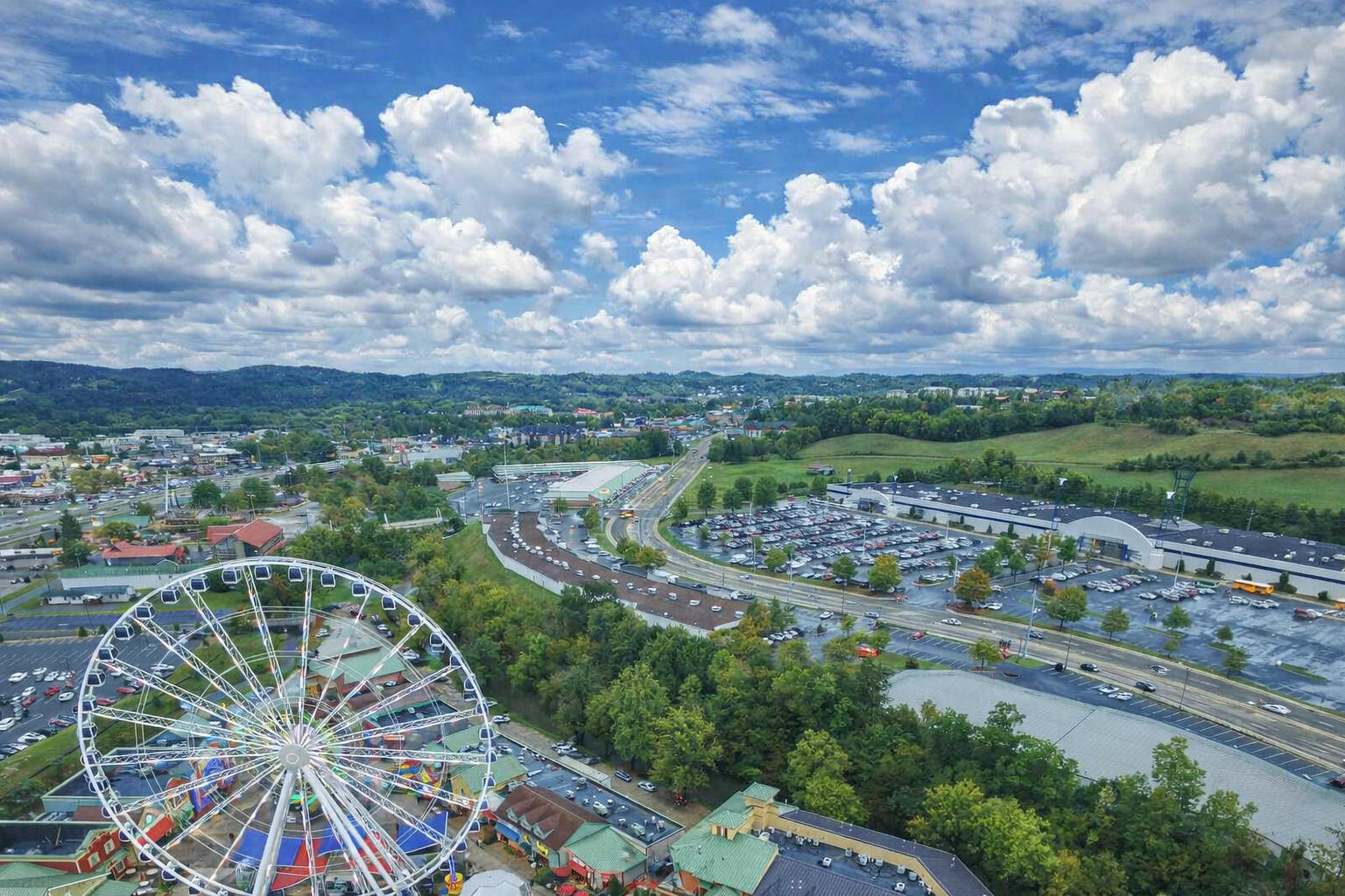 Aerial drone view of Pigeon Forge and the Smoky Mountains