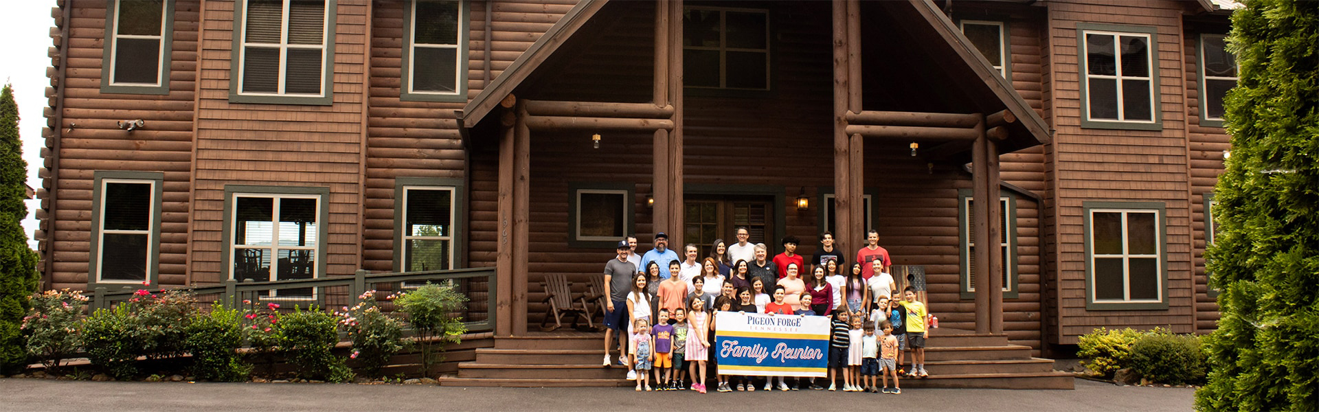 Family reunion group photo at a Smoky Mountain cabin