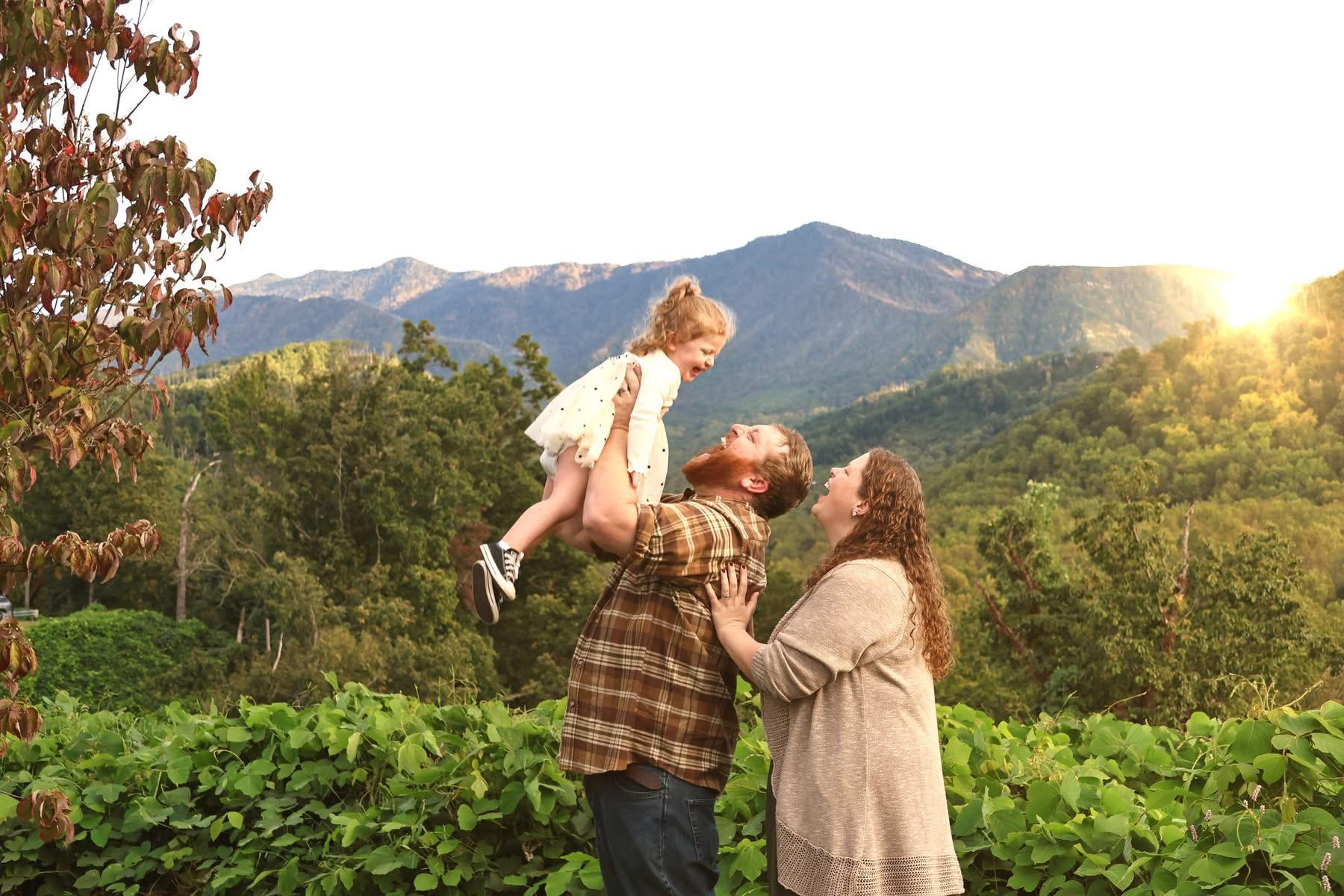 Professional photography session with mountain backdrop