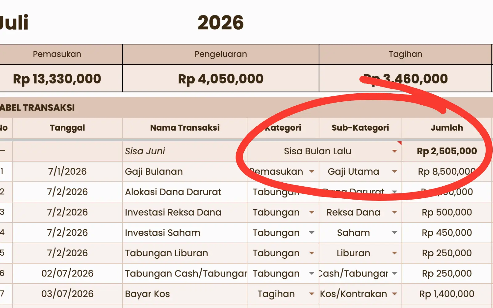 Contoh auto carry-over saldo Budget Planner Pro