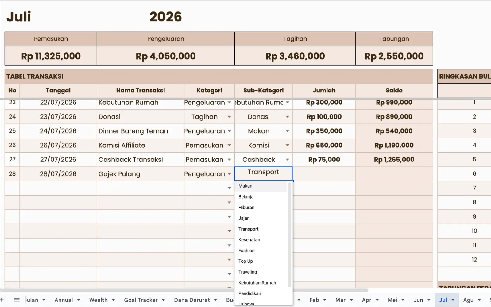 Tabel input transaksi Budget Planner Pro