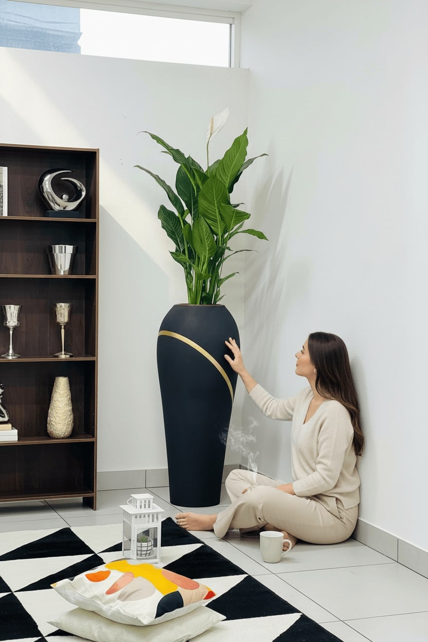 Black Forestry Raindrop Gold Leaf planter with gold curved accent