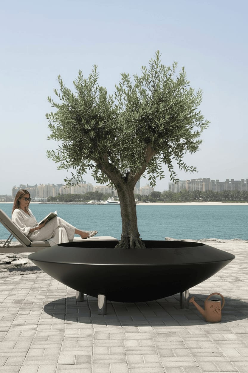 Black Forestry Leg Round low bowl planter on raised feet