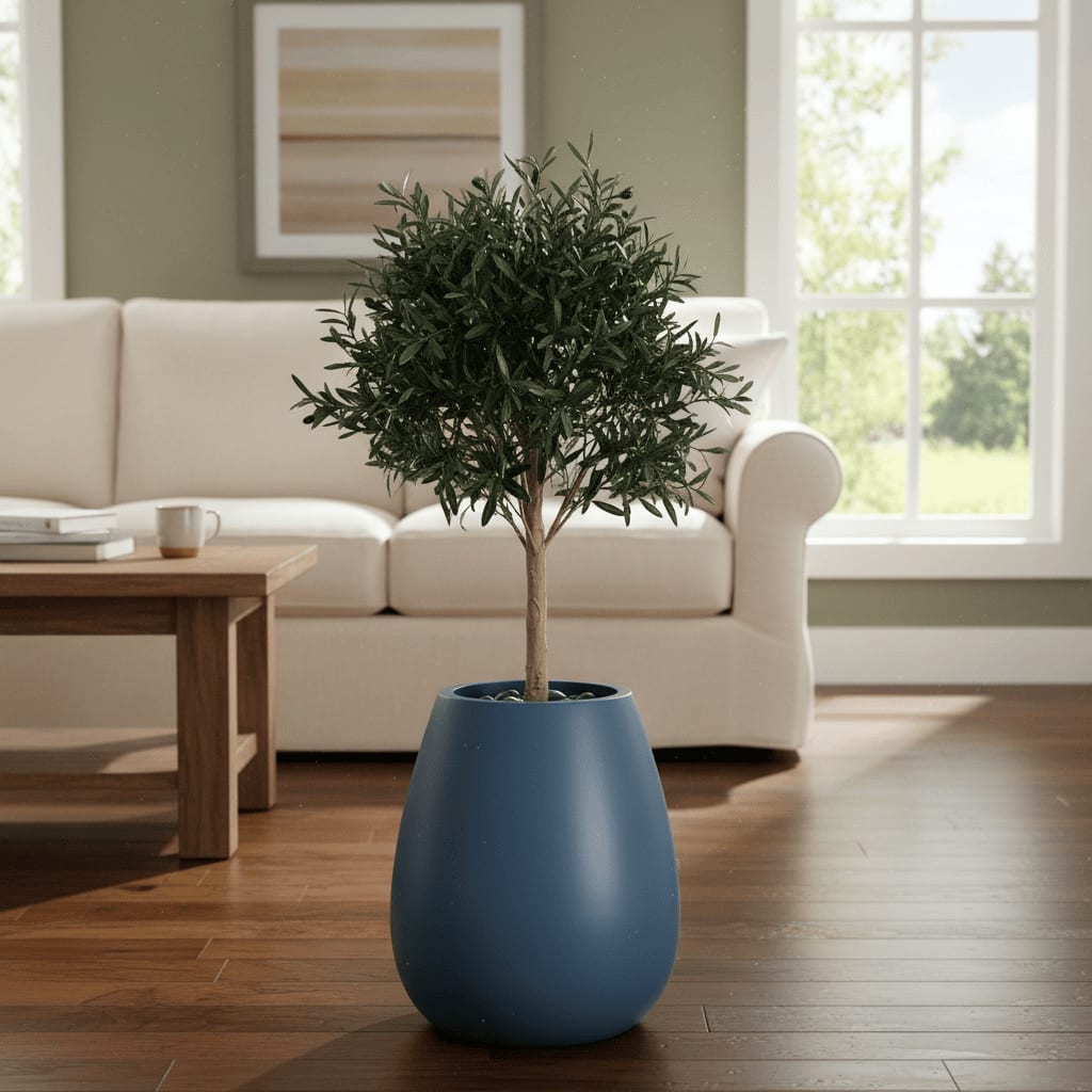 Forestry Terraoval rounded blue planter with olive tree