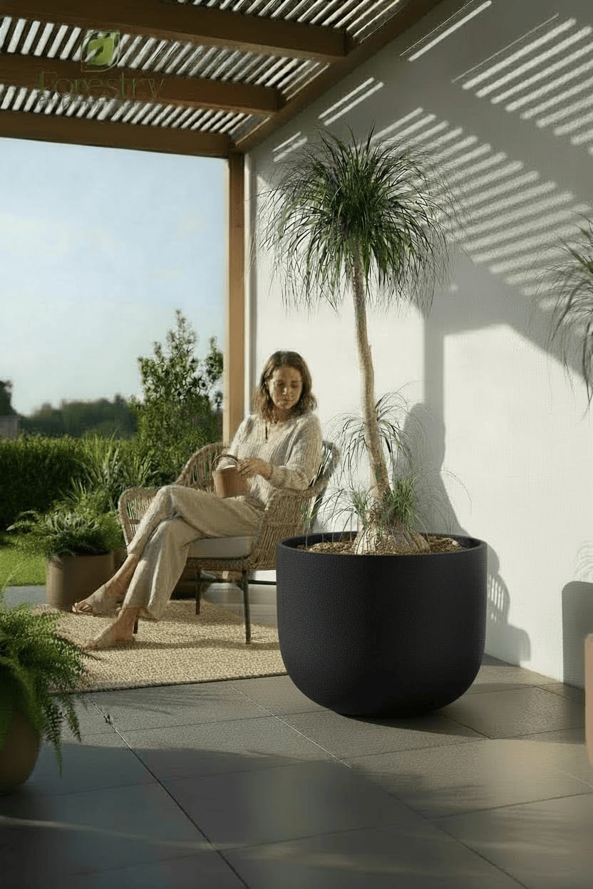 Forestry U Series black rounded planter on a terrace