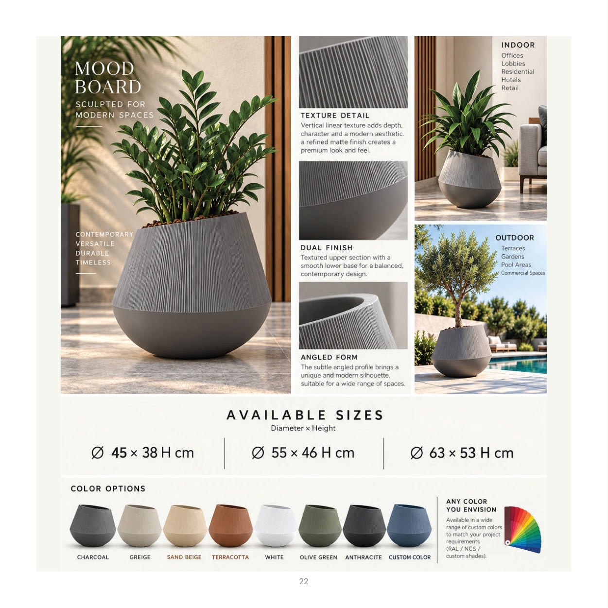 Forestry Sculpted Dual Finish planter collection: product photographs and finish examples from the approved catalogue
