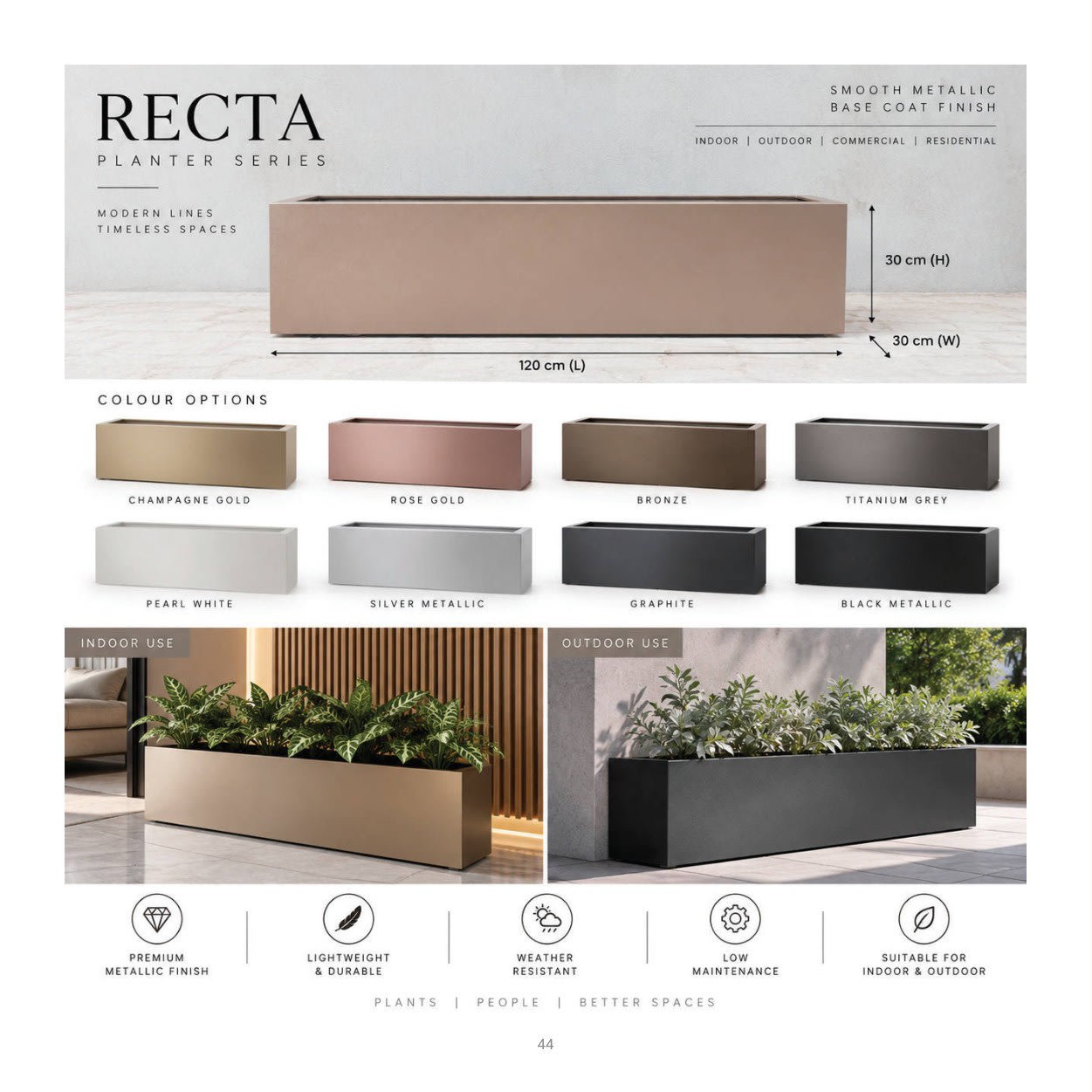 Forestry Recta planter collection: product photographs and finish examples from the approved catalogue