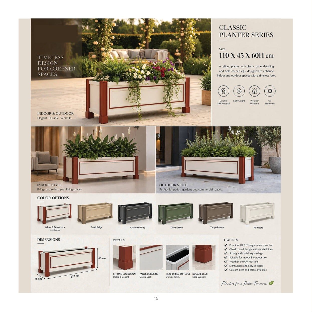 Forestry Classic Rectangular planter collection: product photographs and finish examples from the approved catalogue