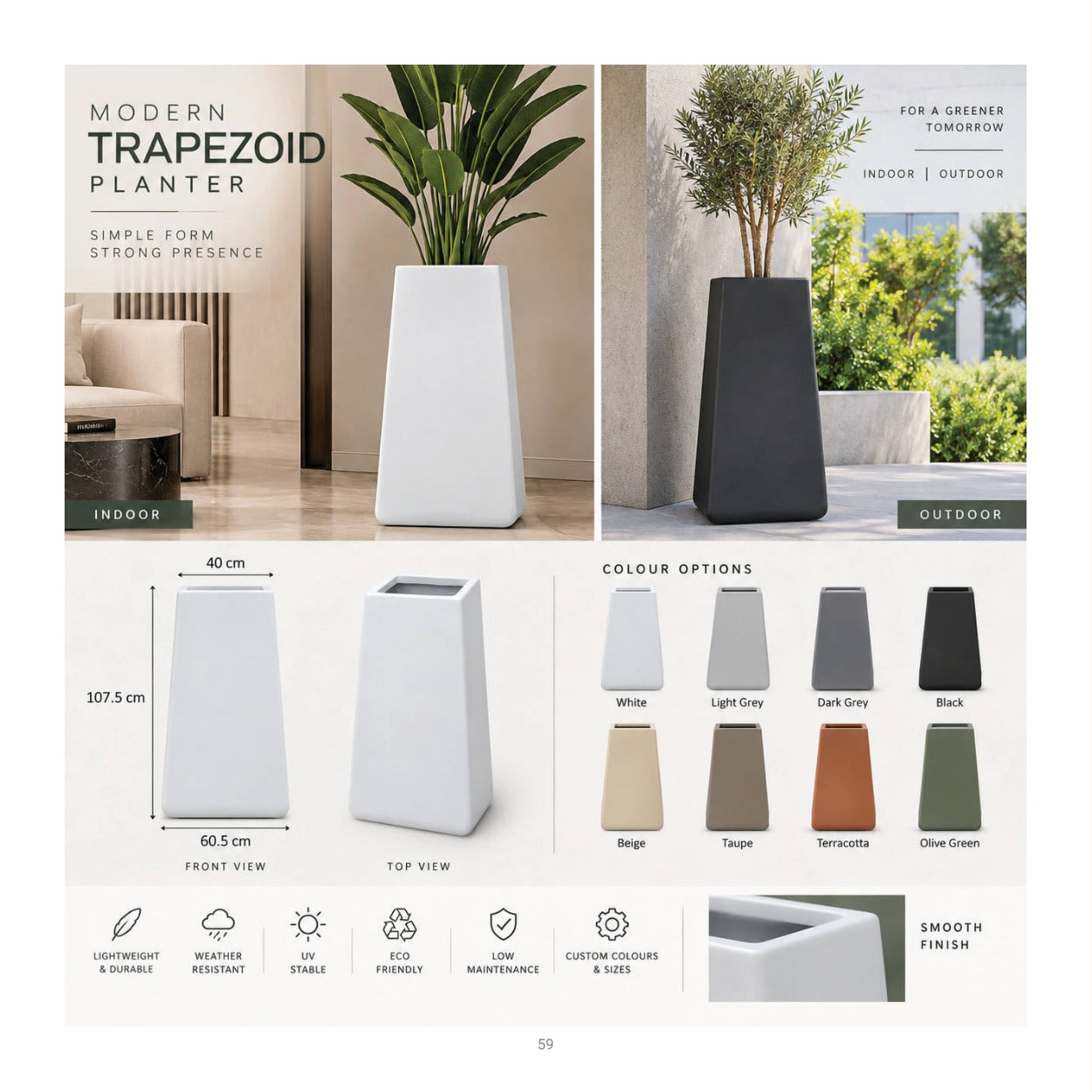 Forestry Trapezoid planter collection: product photographs and finish examples from the approved catalogue