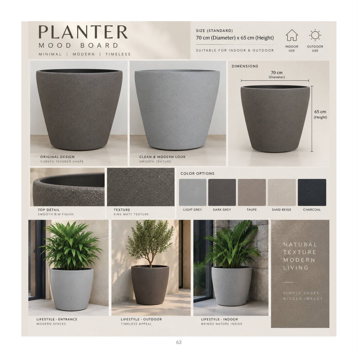 Forestry Round Planter 70 planter collection: product photographs and finish examples from the approved catalogue