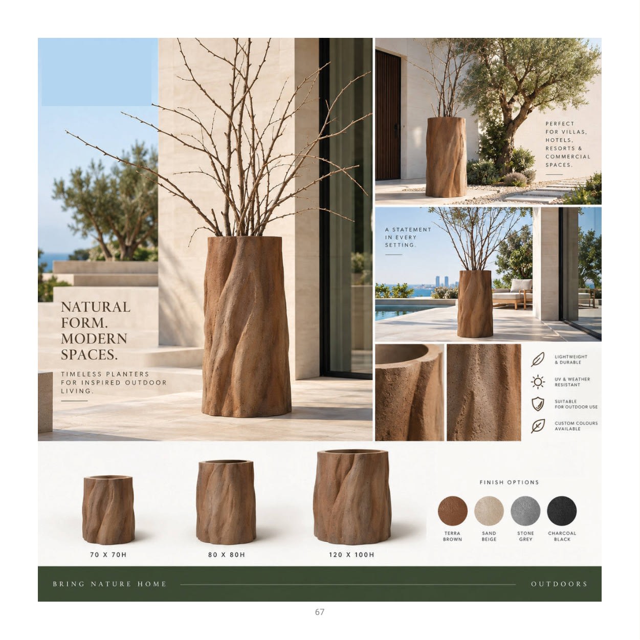 Forestry Wood Form planter collection: product photographs and finish examples from the approved catalogue