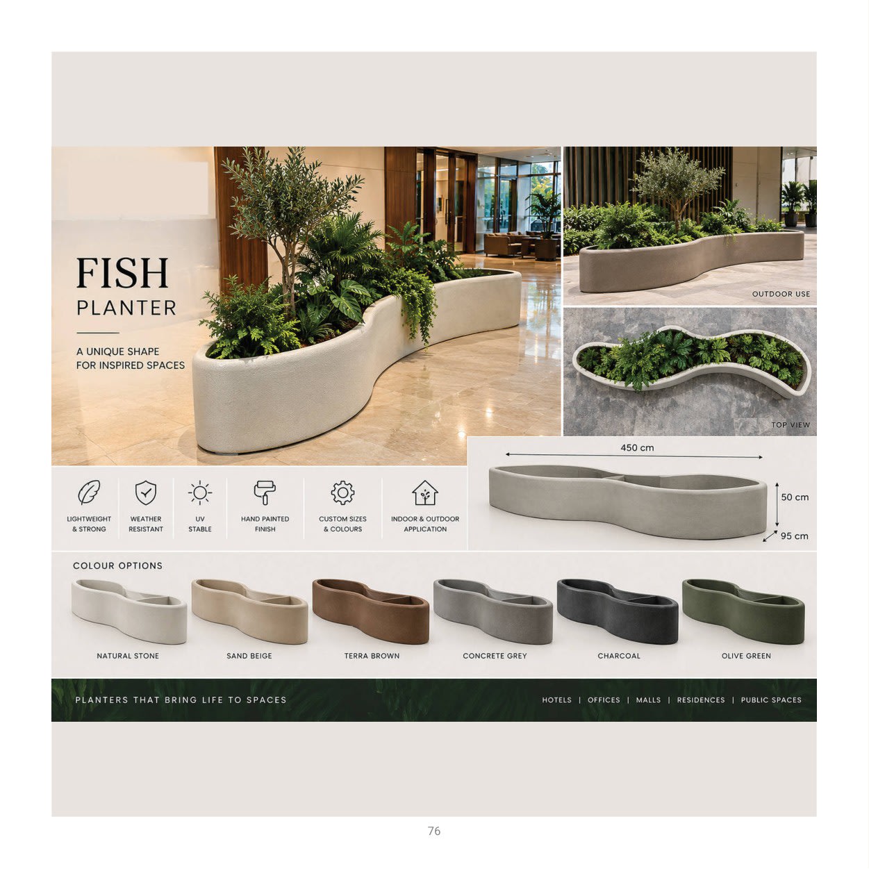 Forestry Fish Planter planter collection: product photographs and finish examples from the approved catalogue